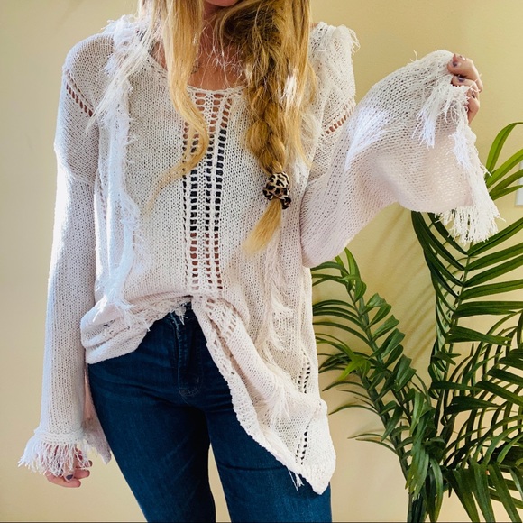easel Sweaters - Easel Open Knit Fringe Detail Oversized Sweater
